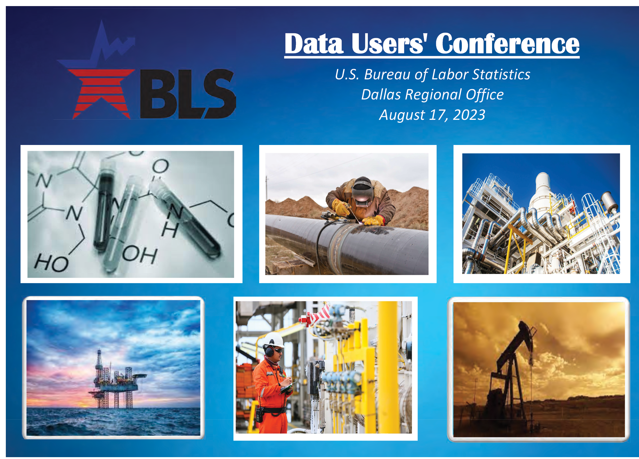 BLS Data Users conference text with six photos of oil and gas scenes on a blue background