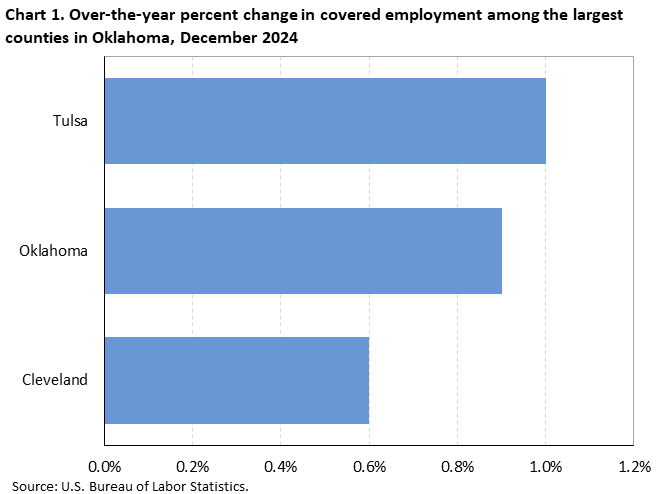 Horizontal bar chart showing over-the-year percent change in covered employment among the largest counties in Oklahoma in December 2024.