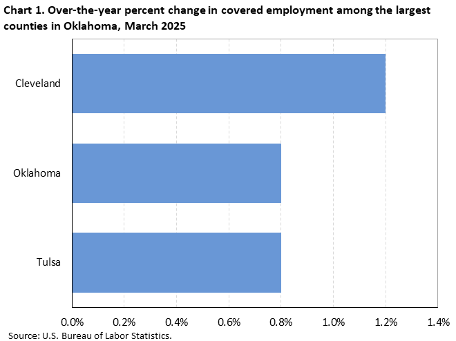 Horizontal bar chart showing over-the-year percent change in covered employment among the largest counties in Oklahoma in March 2024.