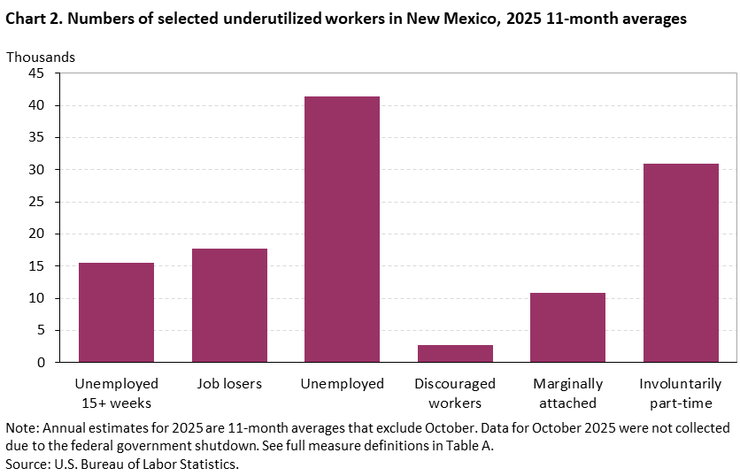Chart 2. Numbers of selected underutilized workers in New Mexico, 2025 11-month averages