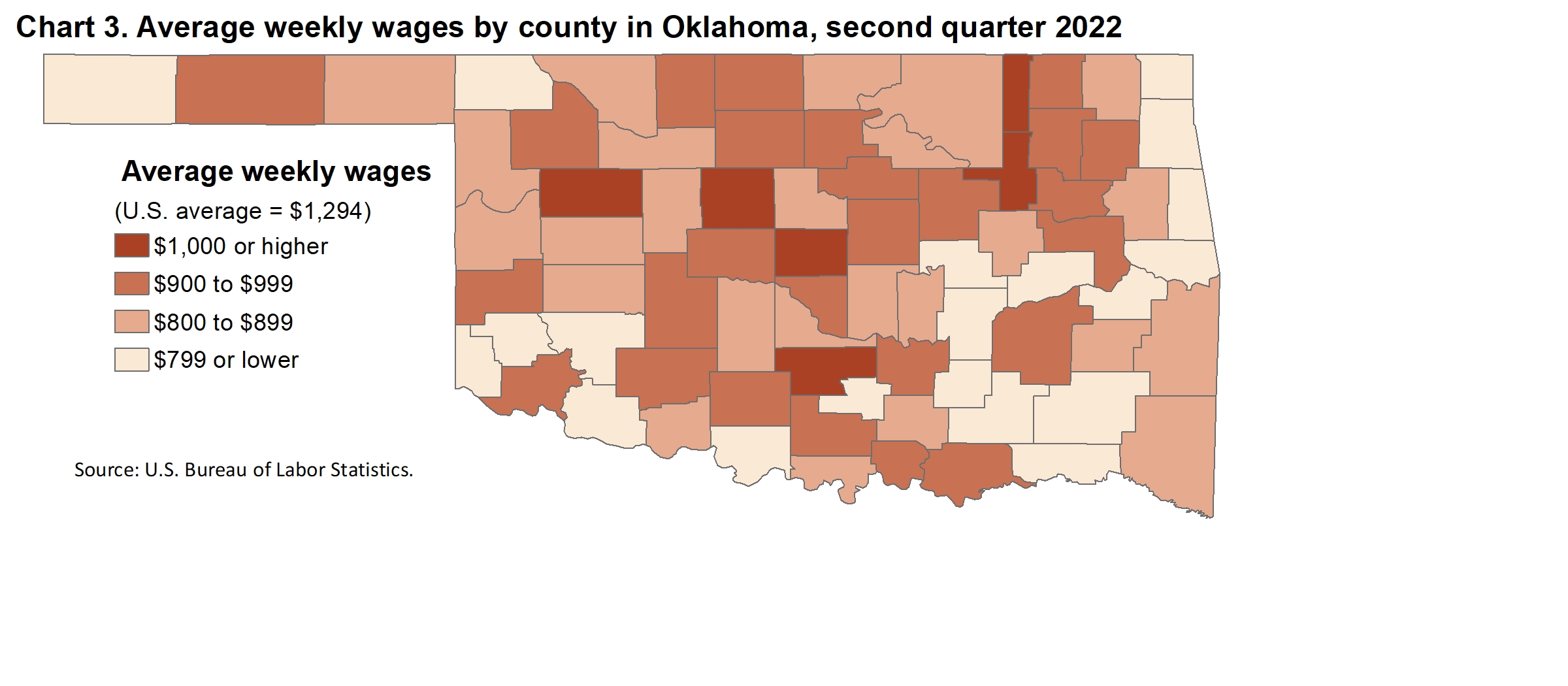 Chart 3. Average weekly wages by county in Oklahoma, second quarter 2022 Chart 3. Average weekly wages by county in Oklahoma, second quarter 2022
