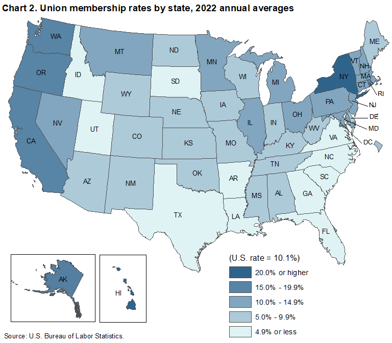Chart 2. Union membership rates by state, 2022 annual averages Chart 2. Union membership rates by state, 2022 annual averages