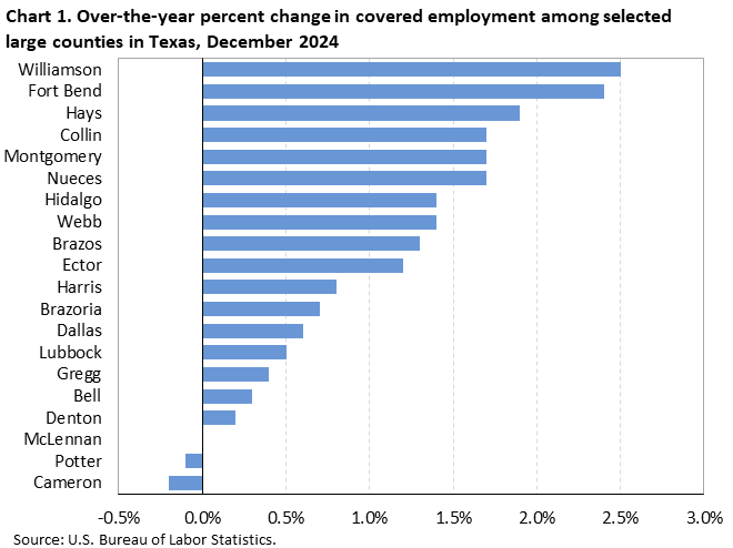 Horizontal bar chart showing over-the-year percent change in covered employment among the largest counties in Texas in December 2024. Horizontal bar chart showing over-the-year percent change in covered employment among the largest counties in Texas in December 2024.