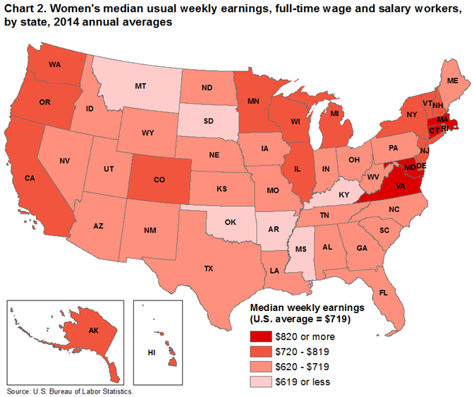 Chart 2. Women’s median usual weekly earnings, full-time wage and salary workers, by state, 2014 annual averages