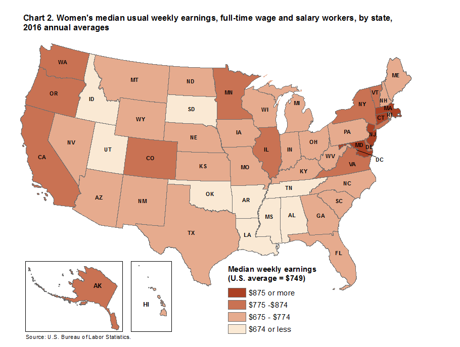 Chart 2. Women’s median usual weekly earnings, full-time wage and salary workers, by state, 2016 annual averages