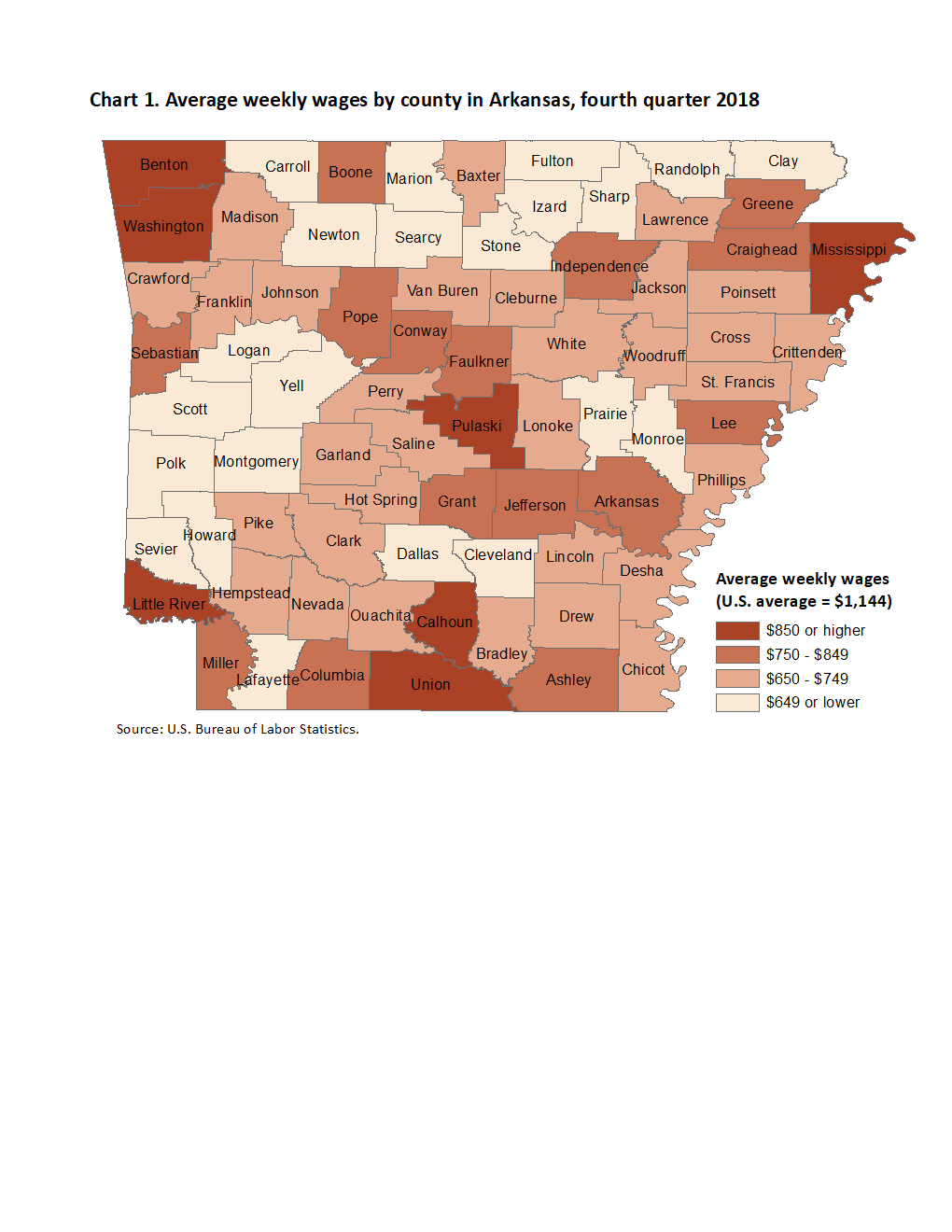 Chart 1. Average weekly wages by county in Arkansas, fourth quarter 2018
