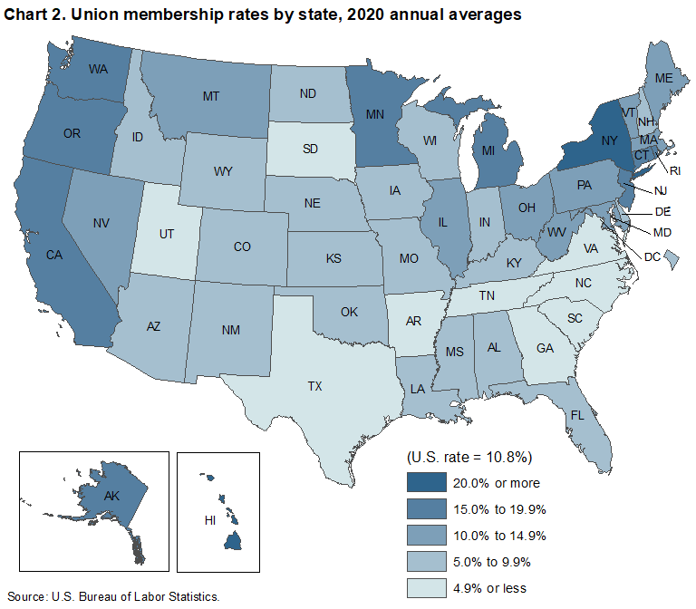 Chart 2. Union membership rates by state, 2020 annual averages
