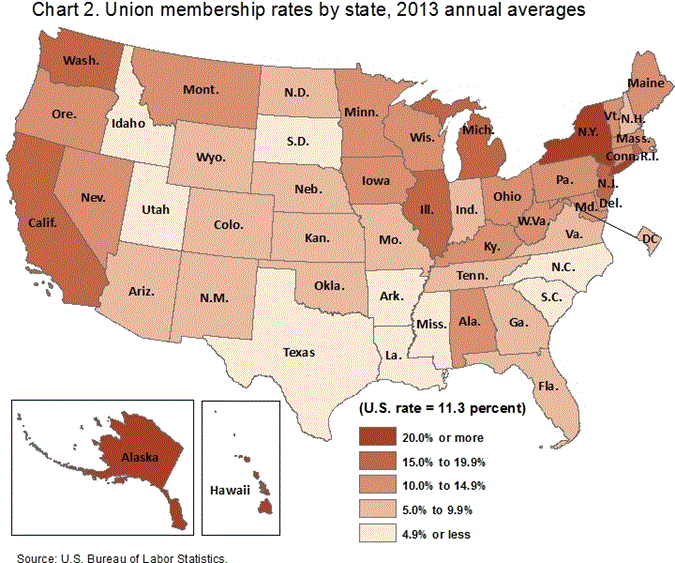 Chart 2. Union membership rates by state, 2013 annual averages