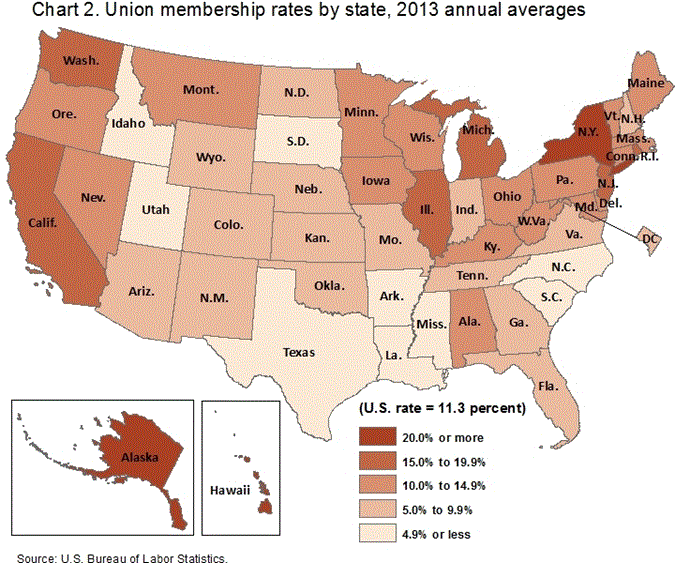 Union membership rates by state, 2013 annual averages