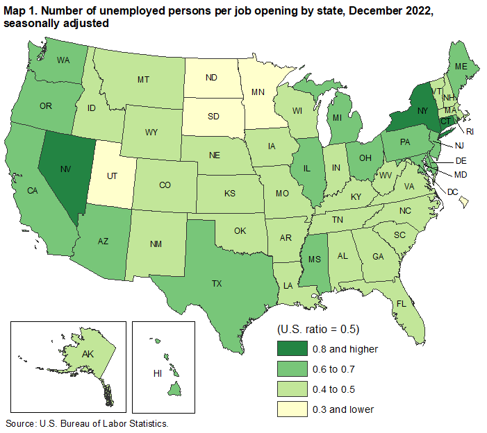 Map 1. Number of unemployed persons per job opening by state, December 2022, seasonally adjusted Map 1. Number of unemployed persons per job opening by state, December 2022, seasonally adjusted