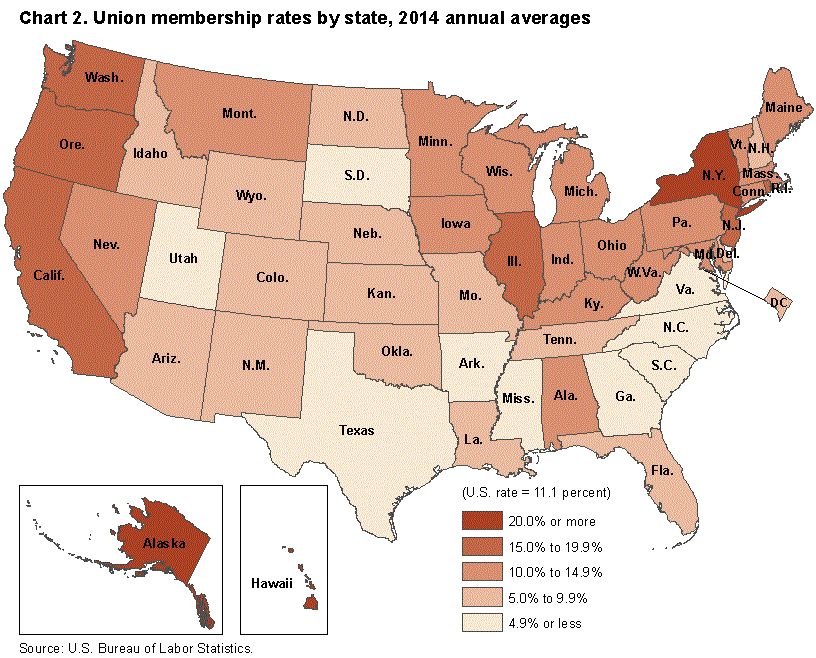 Chart 2. Union membership rates by state, 2014 annual averages
