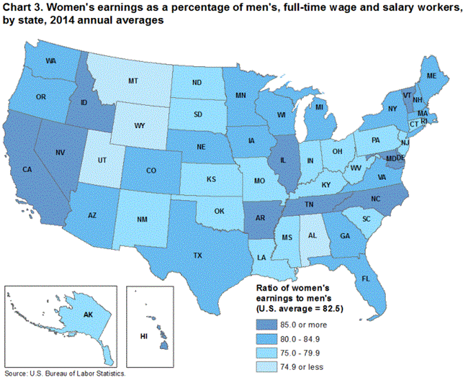 Chart 3. Women’s earnings as a percentage of men’s, full-time wage and salary workers, by states, 2014 annual averages