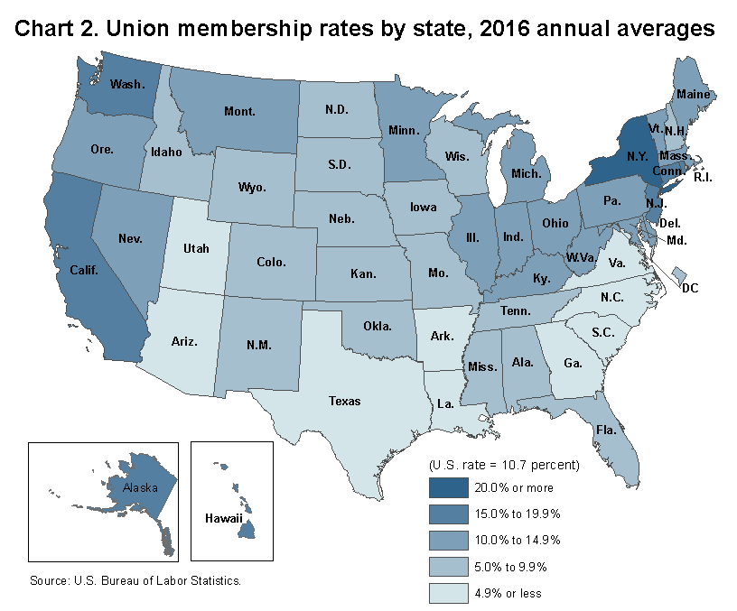 Chart 2. Union membership rates by state, 2016 annual averages