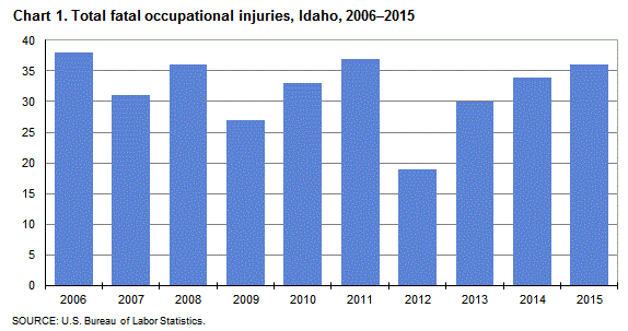 Chart 1. Total fatal occupational injuries, Idaho, 2006-2015