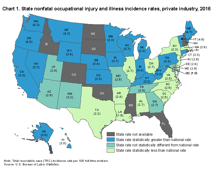 Chart 1. State nonfatal occupational injury and illness incidence rates, private industry, 2016