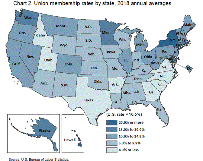 Chart 2. Union membership rates by state, 2018 annual averages