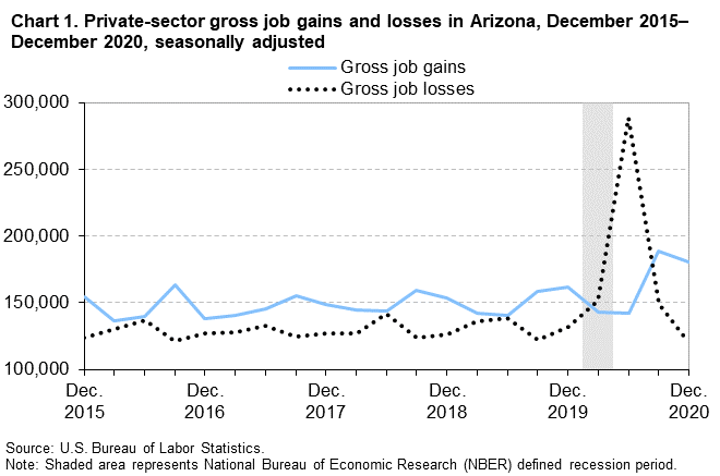 Chart 1. Private-sector gross job gains and losses in Arizona, December 2015-December 2020, seasonally adjusted
