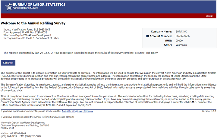Your company's legal name, UI account number, and requesting state are displayed in the top right corner.
