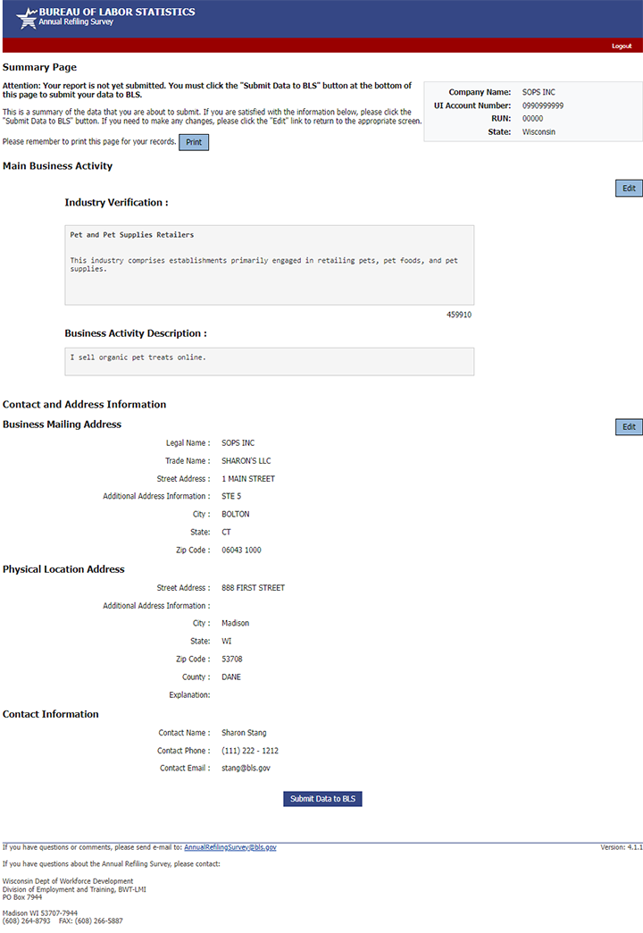 The summary page displays all of the information you have verified and/or updated.