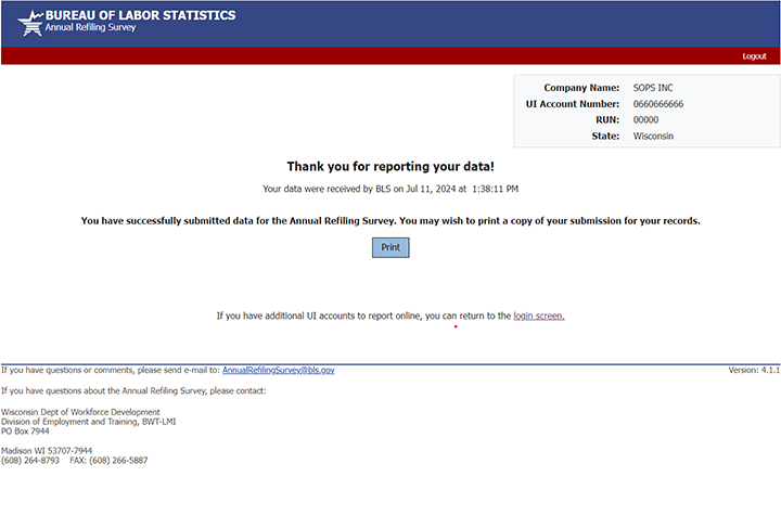 You will see the report verification page after you click Submit Data to BLS
