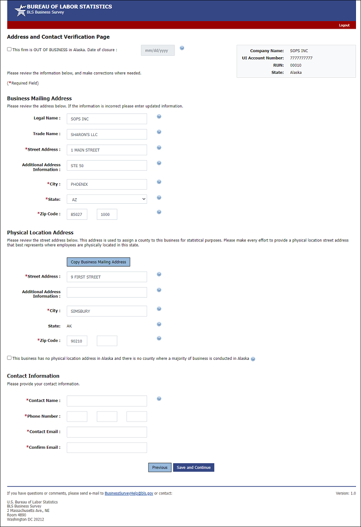 Screen within a data collection application in which address and contact information is entered for the BLS Business Response Survey.