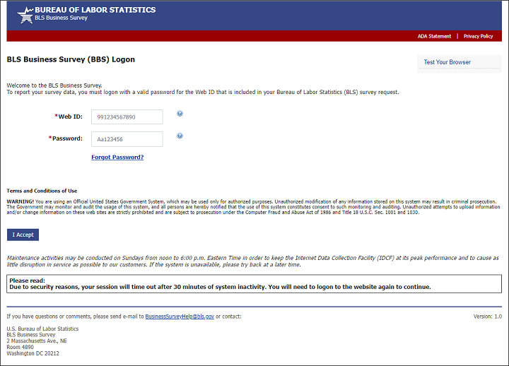 Logon screen to a data collection application in which data is entered for the BLS Business Survey.