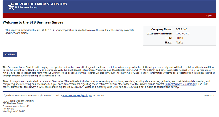 Welcome screen to a data collection application in which data is entered for the BLS Business Survey.