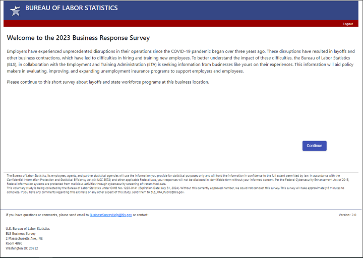 Welcome screen to a data collection application in which data is entered for the BLS Business Response Survey.