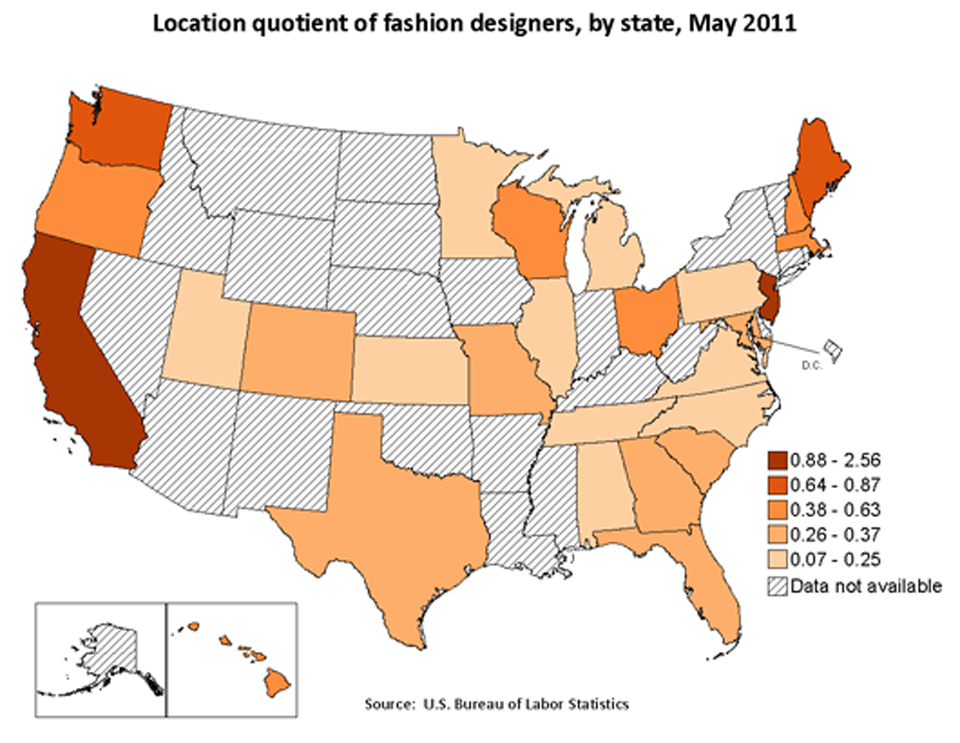 Location quotient of fashion designers, by state, May 2011