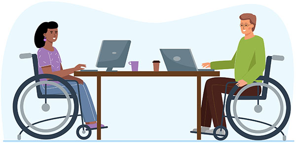Image of 2 people in wheelchairs working at their desks