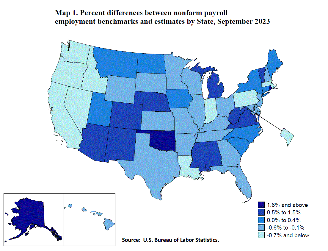 =Map 1. Percent differences between nonfarm payroll employment benchmarks and estimates by State, September 2021