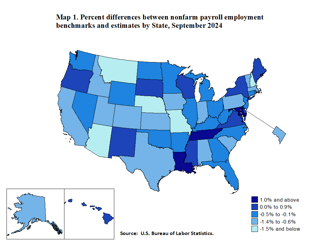 =Map 1. Percent differences between nonfarm payroll employment benchmarks and estimates by State, September 2023