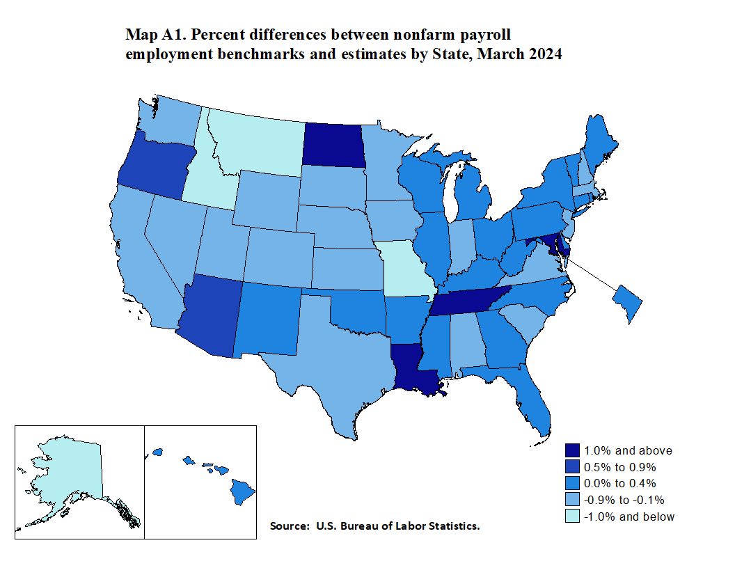 =Map A1. Percent differences between nonfarm payroll employment benchmarks and estimates by State, March 2023