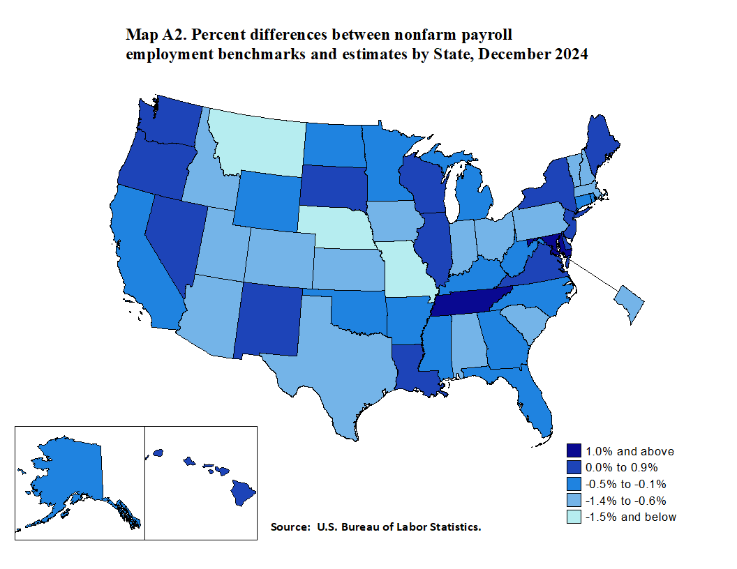 =Map A2. Percent differences between nonfarm payroll employment benchmarks and estimates by State, December 2023